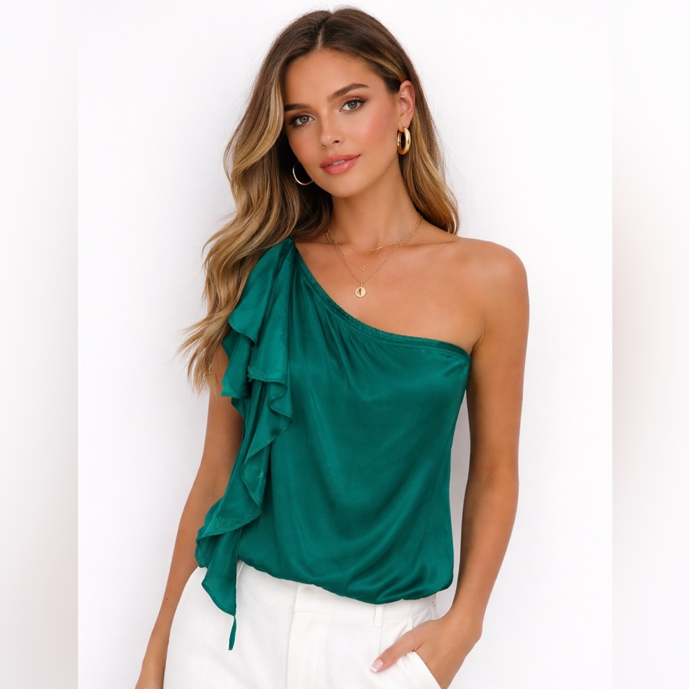 Emerald Green One Shoulder Ruffle Top | Asymmetrical Blouse | Lightweight Chic